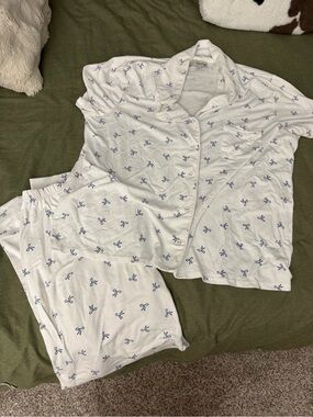 Cotton Button-Front Pajama Set - White with Blue Bow Print